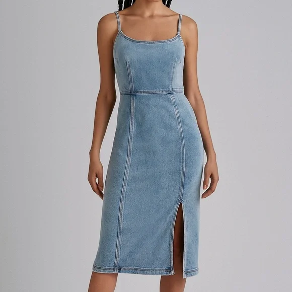 🆕Steve Madden Denim Midi Dress Size 2,4 Blue Jean Bodycon Slit Casual Chic Party - Picture 1 of 16